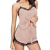 YJING Satin Pyjama Damen Nachthemd Babydoll Spitze Negligee Nachtwäsche Schlafanzug Kurz Nachthemd Spitze Dessous Zweiteilige mit Shorty Lace Lingerie V-Neck Babydoll Nightwear(Beige,S)