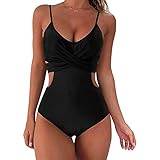 KIMODO Einteiliger Strandbikini Damen Bikini Badeanzug Neckholder V-Ausschnitt Rückenfrei Bademode Bauchweg Cutouts Hohe Taille Monokini Badebekleidung mit Bedrucktem Riemen (A-Schwarz, M)