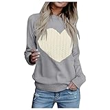 AFFGEQA Strickpullover Damen Langarm Rundhals Sweater Lose Love Herbstjacke Warm Gefüttert Steppjacke Winter Dicker Winddichte Teddyfell Strickp