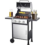 DMS® Gasgrill Edelstahl Grillwagen BBQ Grill Grillstation Griller 3 Brenner Garten Grill Grillwagen 2 Seitenablagen Thermometer Gasgrillwagen 5-11 KG Gasflasche Piezozündung