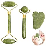 3 Stück Jade Roller und Gua Sha Stein Grüner Jade Roller Massageroller Gua Sha Stein Schaber Jade Roller für Gesicht Set Natürlich Grünes Massagegerät, für Hautstraffung von Gesicht und H