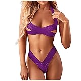 Vexiangni Damen Spitzen Dessous Sexy Bralette Push Up BH und Höschen Set Unterwäsche Erotische Reizwäsche Riemchen Babydoll Nachtwäsche Strapse Bra Slip Stickerei Lingerie 2-teilig