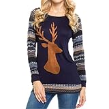 2018 Damen Weihnachts Elch Langarmshirt Geometric Printed Winter Perfect Sweatshirt Rundhals Shirt Basic T-Shirt Style (Color : Dunkelblau, Size : XL)