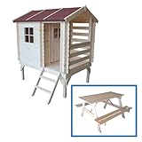 TIMBELA M501B (+M018 Kinderpicknickbank) Das Set aus Kinderspielhaus und Kindersitzgarnitur aus Holz - Spielhaus im Freien für Kinder - B130xL175xH205 cm Gartensp