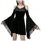 SHIZUANYUE Lace Gothic Dark Romance Schwarz Kleid Frauen Damen Trompetenärmel Minikleid Schulterfrei Retro Vintage Steampunk Lolita Cosplay Kostüm Karneval Party Mittelalter Vik