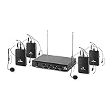 auna VHF-4-HS - 4-Kanal VHF-Funkmikrofon Set, Funk-Mikrofon System, 4 x kabelloses Headset Mikrofon, 50 m Reichweite, Lautstärkeregler, LED, lange Betriebszeiten, Klinken-Ausgänge, schw