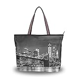 Zemivs Trendige Einkaufstasche Brooklyn Bridge und Manhattan Skyline bei Nacht in Strandtasche für Frauen Große Einkaufstaschen mit Reißverschluss für Frau Dame Mädchen Erw