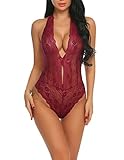 Avidlove Damen Spitze V-Ausschnitt vorne offen Neckholder Reizwäsche Body Negligee Dessous Lingerie Wäsche Unterwäsche (S, C-Weinrot)