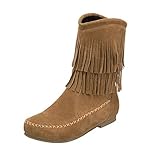 YWLINK Mode Damen Quaste Stiefel Mit Niedrigem Zylinder Schrubben Damenstiefel Cowboy Klassisch MäDchen Flache Stiefel Basic Mittlere Stiefel(35 EU,Gelb)