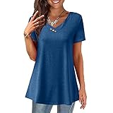 Hunpta @ Tshirt Damen Oberteile Sommer Atmungsaktiv Kurzarm Oversize Tops Mode Elegant Einfarbig Bluse U-Ausschnitt Streetwear für Frauen M