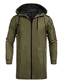 COOFANDY Herren Wasserdichte Regenjacke mit Kapuze Leichte Winddicht Outdoor Aktiv Lange Regenmantel, armee-grün, M