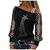 MRULIC Damen Pullover Langarm Schulterfrei Oberteile Blusen Drucken T-Shirt Spitze LäSsiges Loses Hemd Langarmshirts FrüHling Herbst Winter Tops Bluse(A7 Weiß,S)