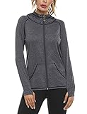 Sykooria Damen Laufjacke voll Reißverschluss Sportjacke leichte atmungsaktiv Langarm Kapuzenpullover mit Daumenloch und Seitentasche Fitness Dunkelgrau, M