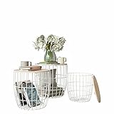 LCSA Couchtisch Couchtisch 3er Set Metallkorb Sofatisch Beistelltisch Modern Tisch Wohnzimmertisch (Color : Weiß/Natur)