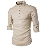 T-Shirt Herren Langarm Stehkragen Einfarbig Shirt Herren Slim Fit Einfachheit Mode Lassig Shirt Herren Atmungsaktiv Komfortabel Leichter Leinenhemd Herren C-Khaki XXL