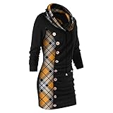 Kobay Damen Winter Casual Mantel Oberteile Elegant Langarmshirt Frauen Fashion Plaid Genähte Knopf Langarm Kordelzug Bluse Pullover(Gelb, M)