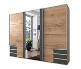 lifestyle4living Schwebetürenschrank in Eiche-Dekor und grpahit mit Spiegel, 270 cm | Hochwertiger Kleiderschrank mit 3 Schwebetüren, 3 Einlegeböden & 3 Kleiderstang