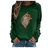 Frauen Sweatshirt Lässig 3D Tierdruck Pullover Eule Muster Tops Langarm O-Ausschnitt Patchwork Lose Bluse(XL,Grün)