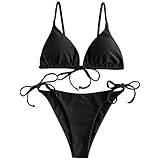 ZAFUL Damen Gepolstert Bikini Set, Einfarbig Bikini Badeanzug mit Dreieck Cup Spaghetti-Träger (Schwarz, M)