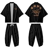 CHUIKUAJ Kimono Cardigan Haremshose Set Herren Damen 3/4 Ärmel Jacke - Harajuku Retro Print T-Shirt Plus Size Streetwear,Black-XLarg