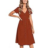 TQSDYY Baumwoll Leinen Damenkleid Lässiges V-Ausschnitt Knopf Kurzarm A-Linie Mittellang
