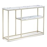 MCombo Metallmöbel Konsolentisch Flurtisch Sideboard Beistelltisch 2169, für Wohnzimmer Flur Esszimmer, schmal mit Ablage, Marmor-Look 120 × 30 × 80 cm (Gold)