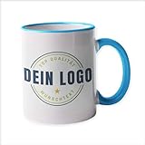 Werbetasse mit Logo | Kaffeetassen mit Logo bedrucken, Tasse mit Logo in kleiner Auflage günstig bestellen, Spülmaschinen- und Mikrowellenfest, 300ml Füllmenge (Hellblau, Standard)