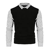 Julhold Herren Pullover Langarm Britisches Schmales Gestreiftes Hemd Gefälschter Zweiteiliger Pullover Herbst und Winter Freizeit Top(03 Weiß,XXL)