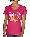Comedy Shirts - Let's Make Halli Galli - Damen V-Neck T-Shirt - Pink/Weiss-Gelb Gr. XXL