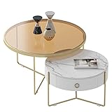 LLLD Beistelltische 2er Set Satztische Mit Stahl Holz Glas Und Schiefer Couchtisch Set Mit Ablagefach Runde Satztische Für Wohnzimmer Schlafzimmer (Color : A, Size : 80 * 45/60 * 40cm)