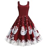 TTWOMEN Weihnachten Damen Ärmelloses A-Linien Kleid Pailletten Patchwork Santa Xmas Deer Print Midi Party