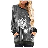 MEITING Pullover Damen Causal Sweatshirt Liebe Löwenzahn Druck Rundhals Basic Oberteile Frauen Casual Patchwork Langarmshirt T-Shirt Pulli Tunika Longshirt mit Tasche für Alltag