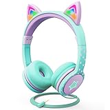 FosPower Kinderkopfhörer mit LED leuchten Katzenohren, 3,5-mm-On-Ear-Audio-Kopfhörer für Kinder mit geschnürtem, verwickelungsfreiem Kabel (max. 85 dB) - Türkis/Hellpurp