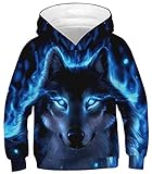 Ocean Plus Jungen Kapuzenpullover Bunt Teens Hoodie Kinder Langarm Pulli mit Kapuzen Sweatshirt Pullover (L (Körpergröße: 145-150cm), Blauäugiger Schwarzer Wolf)