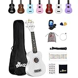 Winzz Sopran Ukulele Starter Kit für Anfänger, mit Tasche, Clip-On Tuner, zusätzlichen Saiten, Gurt, Plektron, Griffbrettaufkleber, Akkord-Karte, Poliertuch, Weiß