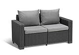 'Allibert by Keter' California 2-Sitzer Gartensofa für Balkon und Terrasse, inklusive Sitzauflagen und Rückenkissen, runde Rattanoptik, Lounge Gartenmöbel, grau, 141x68x72