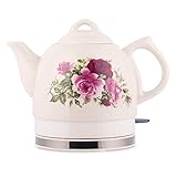 Elektrischer Keramikkessel, weiß, 1 l, Edelstahl-Kanne, automatisches Abschalten, 1000 W, Wasser für Tee, Kaffee, Suppe, Haferflocken, abnehmbarer Boden, Trockengehschutz, einfach zu verw