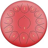 Handpan,Steel Tongue Drum Stahlzunge Trommel 12 Zoll 13 Notizen Percussion Instrument mit Trommelschläger Tragetasche Meditation Yoga Sound, 2 Drumsticks, Tutorialbuch, 4 Finger Picks (Farbe: rot) 432