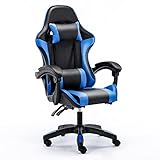 Gaming Computerstuhl, ergonomischer Stuhl mit Lendenwirbelstütze, Armlehne, Kopfstütze, verstellbar, drehbar, Leder, Videospiel, Heimbürostuhl für Erwachsene, Jungen, Mädchen, blau, Nylonfüß