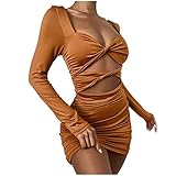 BOTCAM Cocktailkleid Damen Kurz Sexy Minikleid: Eng Stretch Partykleid Frauen Einfarbig Langarm Bandeau Tunika Kleid Y2k Bodycon Minikleid Vintage Party Kleid Abendkleid Freizeitk