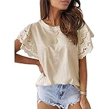 WZXHNYYZYQ FrüHlings- Und Sommermode, Einfarbig, Damen, Runder Ausschnitt, Spitze, Fliegendes, KurzäRmliges Oberteil, T-F