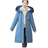 Haiorziyou Warme Damen Dicke Mantel Plüschfutter Baumwollkleidung Langarm Mantel mit Kapuze Taschen und Reißverschluss Wintermantel Einfarbig Große Größe Lang Outdoorjacke Winterpark