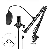 USB Podcasting Mikrofon Kit, Professionelles Kondensator Computer Nierenmikrofon 192KHZ/24Bit mit Galgenarm Shock Mount und Stativ für Aufnahme, Streaming, Gaming usw