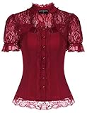 Damen Slim T-Shirt Kurzarm Vintage Oberteile mit Stehkragen Festlich Weinrot M