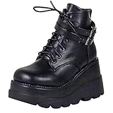Happyyyami Plattform-Stiefel, dicke Schnürung, hohe Absätze, mit Reißverschluss, seitlich, Goth, rund, Winterstiefel, mit Schnalle, Schwarz - Schwarz - Größe: 36.5 EU