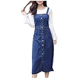 yiouyisheng Damen Jeanskleid Lang A Linie Knopfleiste Jeans Latzkleid Kleid Trägerkleid Damen Casual Ärmellos Button Kleider Strap Freizeit Kleid Denim Kleid, B