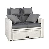 blumfeldt Komfortzone - Gartensofa, Terrassen-Sofa, Rattan-Sofa, 2 Personen, Sitzpolster, stabiles Stahlrohr, ausziehbarer Fußteil, klappbare Rückenlehne, bis 200 kg, inkl. 2 x Kissen, antikweiß