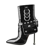 dollskiss Damen Spitze Zehe Reißverschluss Stiefeletten mit Absatz Pull On Nieten High Heels mit Tasche Mode Komfort Metallabsatz Booties Faux Lackleder Schuhe Schwarz Größe 40