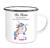 Crealuxe Emaille Tasse mit Rand Einhorn Tasse mit Wunschname - Kaffeetasse mit Motiv, Bedruckte Email-Tasse mit Sprüchen oder B