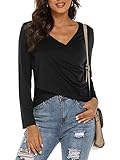 Beluring Damen Langarm Wickel T-Shirt Basic Oberteile Einfarbig Shirts Schwarz S
